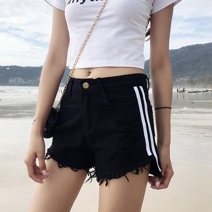 Black Jean Side White Sport Lines Summer Shorts