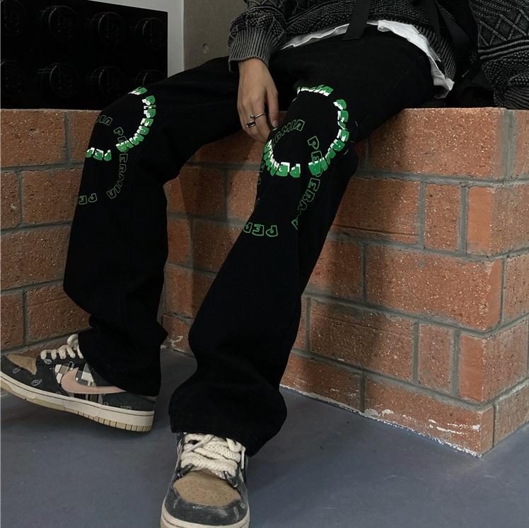 Black Knee Letters Print Loose Baggy Denim Pants