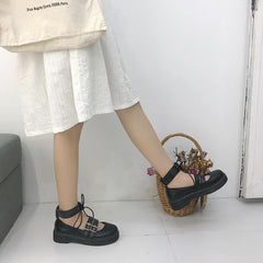 Black Leather Buckle Round Toe Platform Flat Sandals