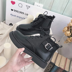 Black Leather Metal Buckle Zipper Flat Ankle Boots