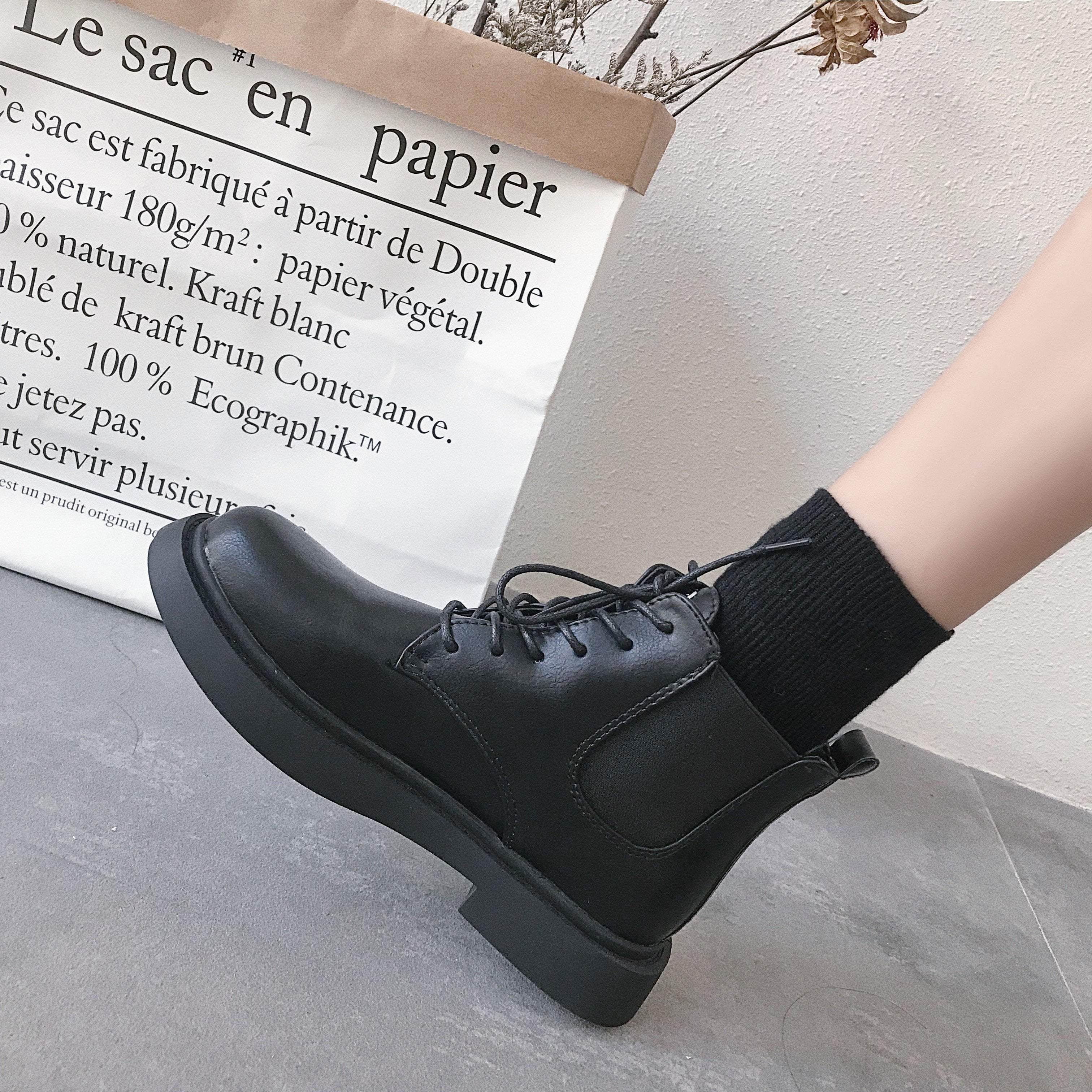 Black Leather Metal Buckle Zipper Flat Ankle Boots