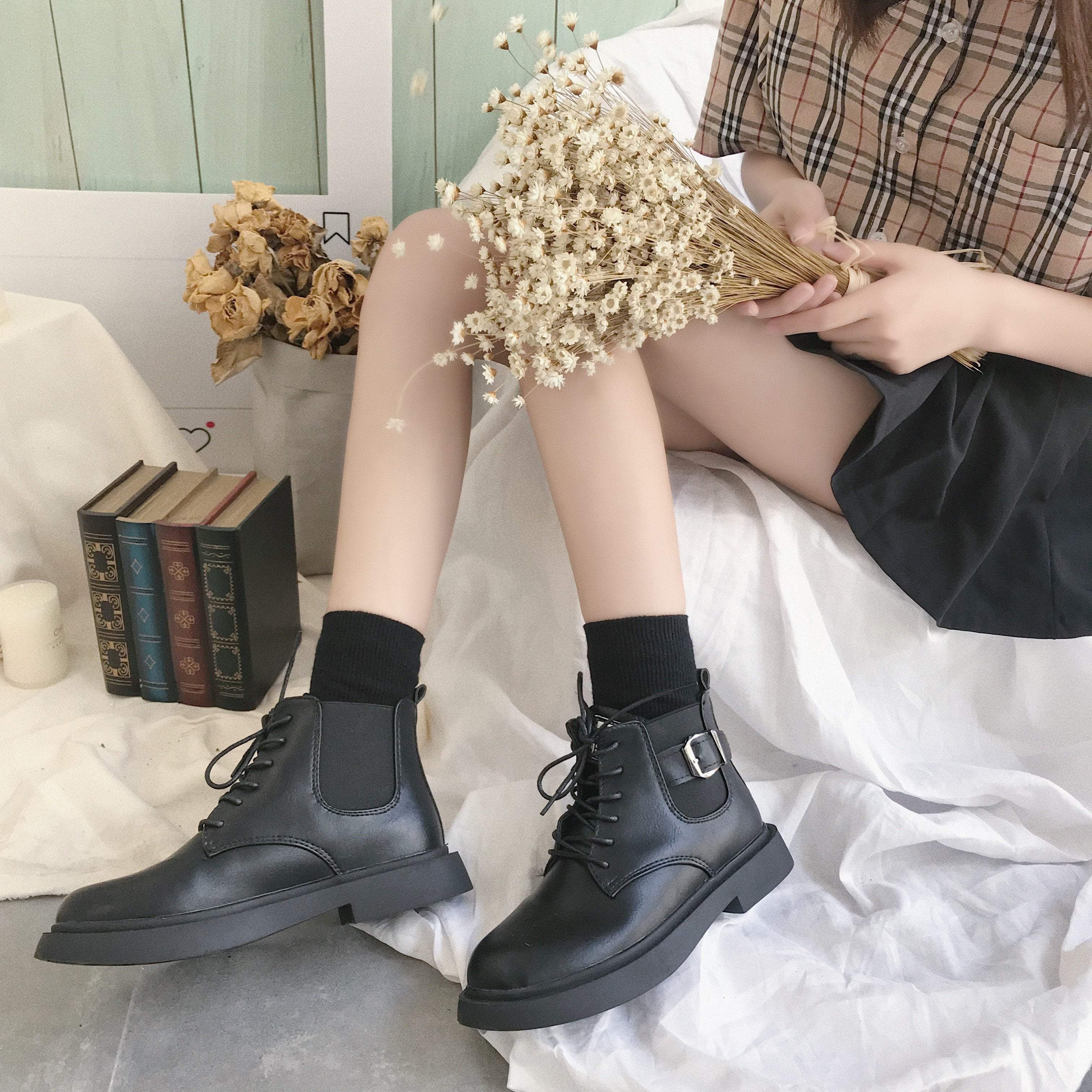 Black Leather Metal Buckle Zipper Flat Ankle Boots