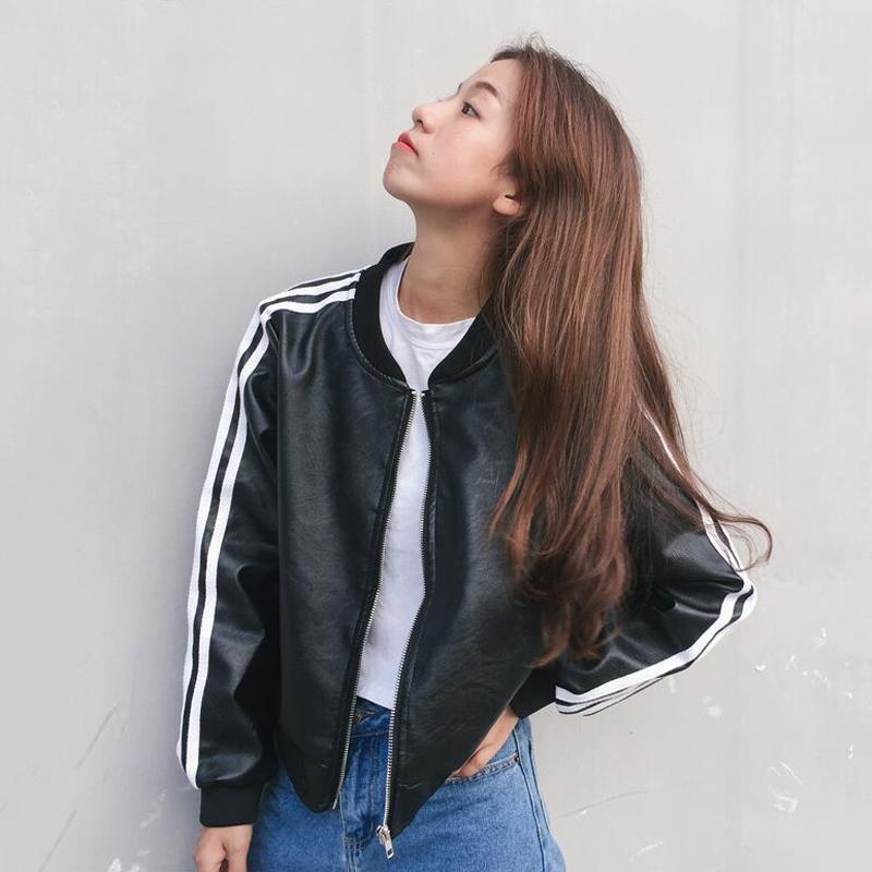 Black Leather Sleeves Stripes Bomber Jacket