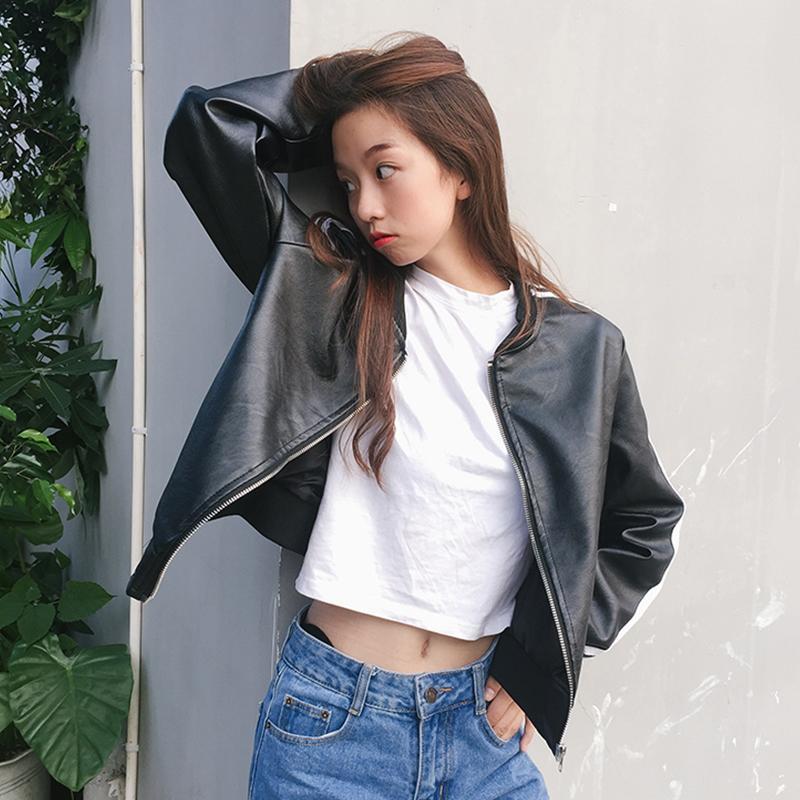 Black Leather Sleeves Stripes Bomber Jacket