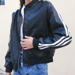 Black Leather Sleeves Stripes Bomber Jacket