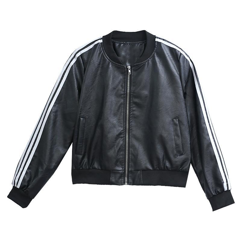 Black Leather Sleeves Stripes Bomber Jacket