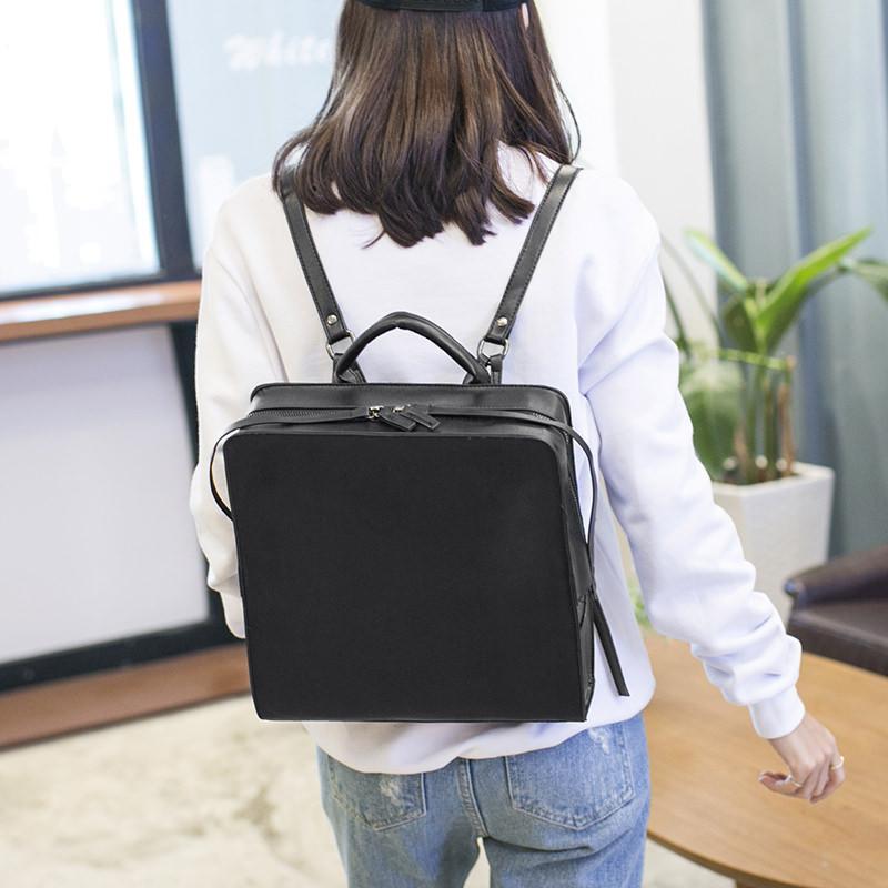 Black Leather Square Minimalistic Zipper Backpack