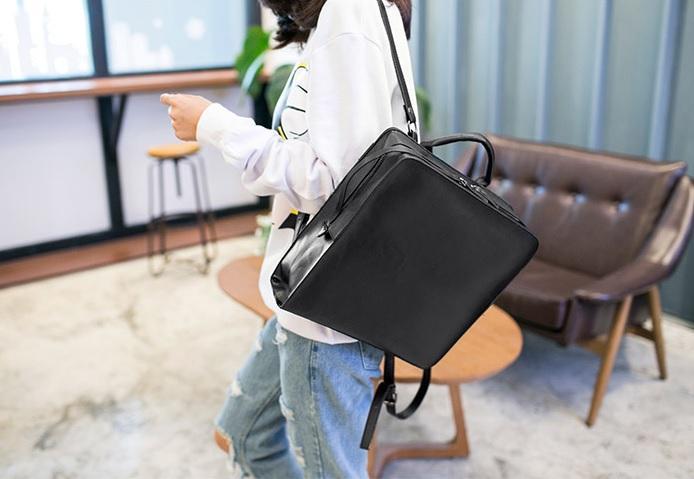 Black Leather Square Minimalistic Zipper Backpack