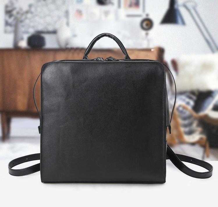 Black Leather Square Minimalistic Zipper Backpack