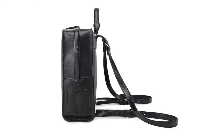 Black Leather Square Minimalistic Zipper Backpack