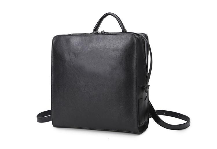 Black Leather Square Minimalistic Zipper Backpack