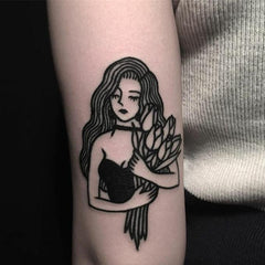 Black Lines Sad Girl With Flowers Temporary Tattoo