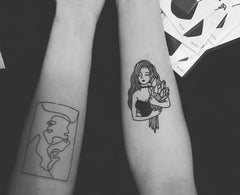 Black Lines Sad Girl With Flowers Temporary Tattoo