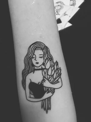 Black Lines Sad Girl With Flowers Temporary Tattoo