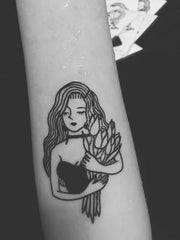 Black Lines Sad Girl With Flowers Temporary Tattoo