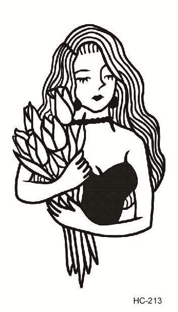 Black Lines Sad Girl With Flowers Temporary Tattoo