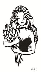 Black Lines Sad Girl With Flowers Temporary Tattoo