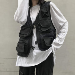 Black Multi Pockets Street Fashion Mesh Vest