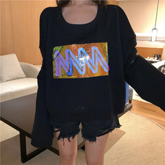 Black Orange Holorgraphic Screen Print Oversized Sweatshirt