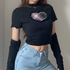 Black Pink Heart Patch With Sleeves Cropped T-shirt