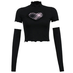 Black Pink Heart Patch With Sleeves Cropped T-shirt