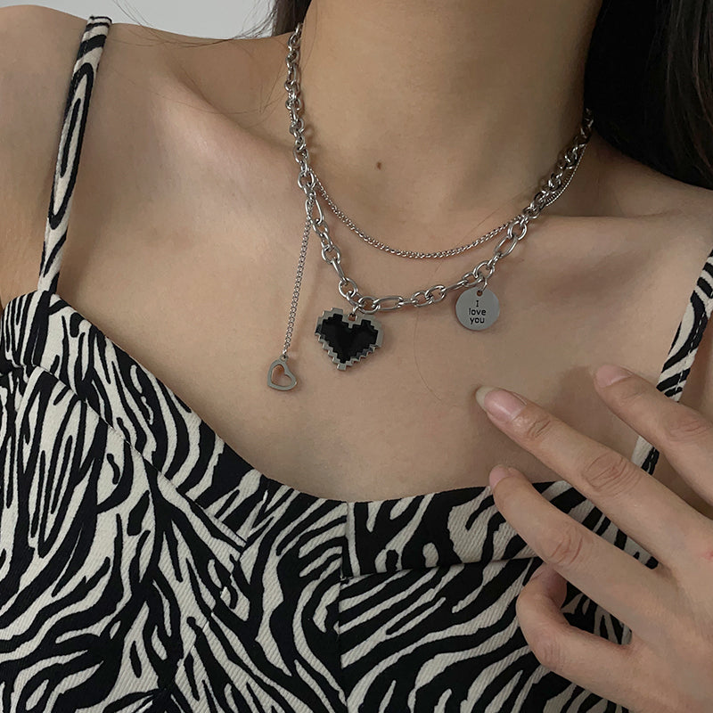 Black Pixel Heart Pendant Double Silver Chain Necklace