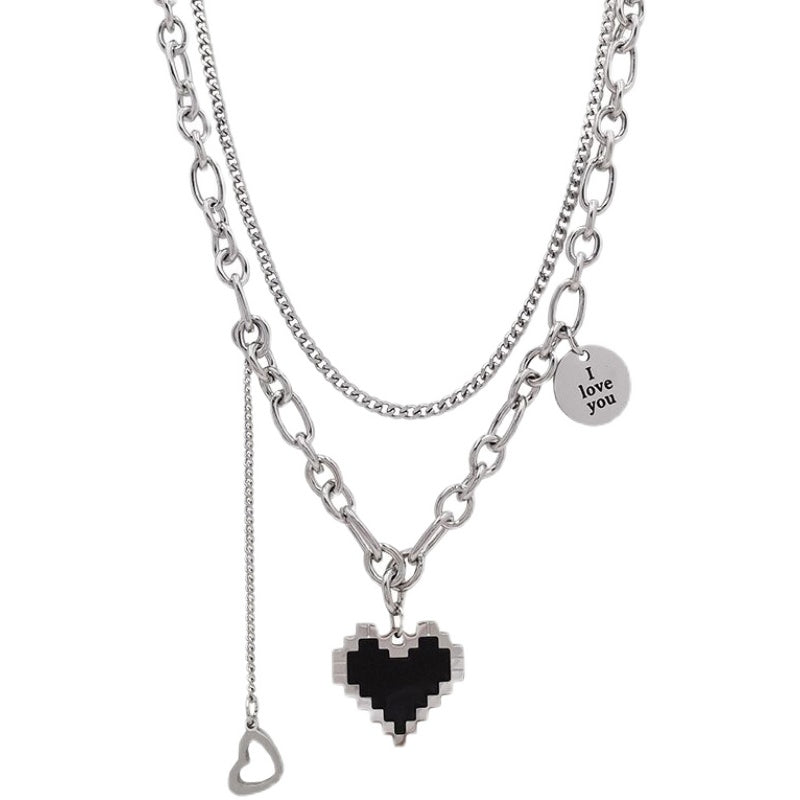 Black Pixel Heart Pendant Double Silver Chain Necklace