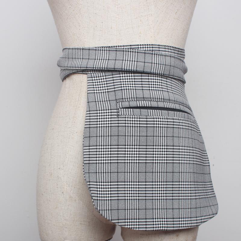 Black Plaid Gray Apron Style Pocket Waist Belt