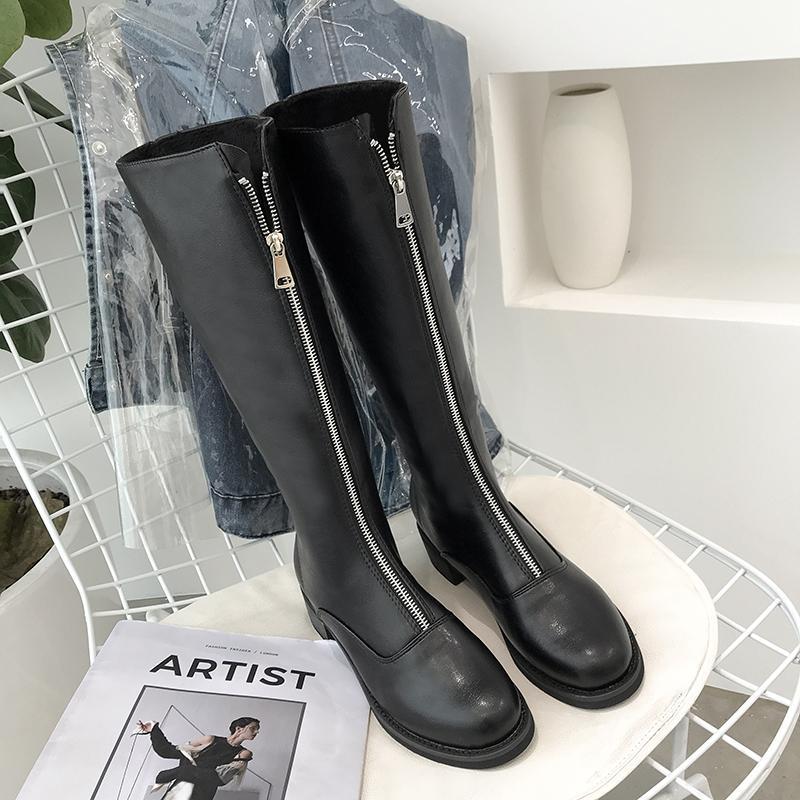 Black Platform Heel Zipper High Boots