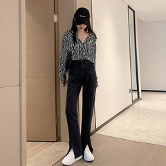 Black Plus Velvet High Waist Side Split Slim Pants