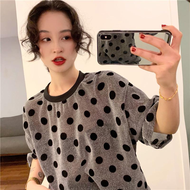 Black Polka Dot Shiny Sparkle Print Loose T-Shirt