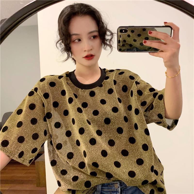 Black Polka Dot Shiny Sparkle Print Loose T-Shirt