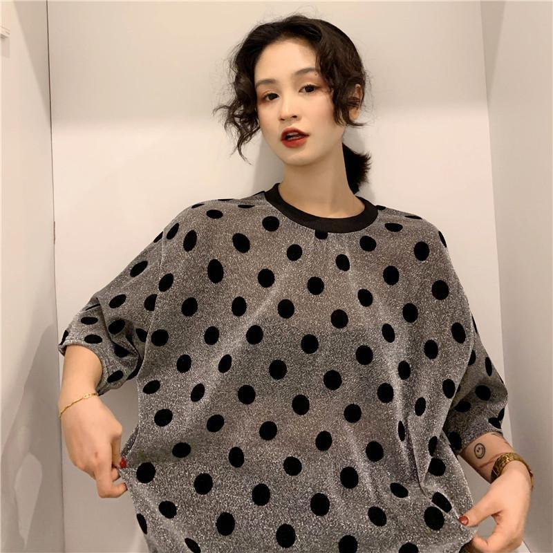 Black Polka Dot Shiny Sparkle Print Loose T-Shirt