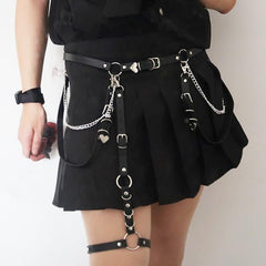 Black Pu Leather Heart Buckle Belt + Garter Chain Belts