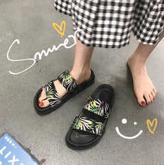 Black Pu Palm Leaves Print Summer Flat Rubber Sandals