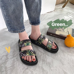 Black Pu Palm Leaves Print Summer Flat Rubber Sandals