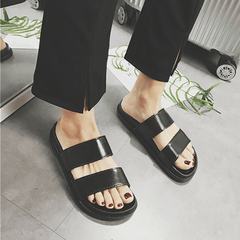 Black Pu Waterproof Summer Flat Rubber Sandals