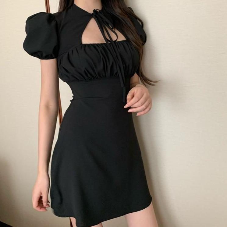 Black Purple Korean Fashion Puff Sleeves Dress