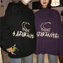 Black Purple Symbols Moon Pattern Warm Knit Sweater