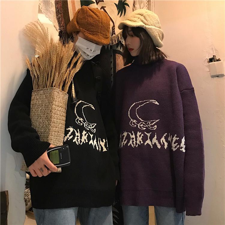 Black Purple Symbols Moon Pattern Warm Knit Sweater