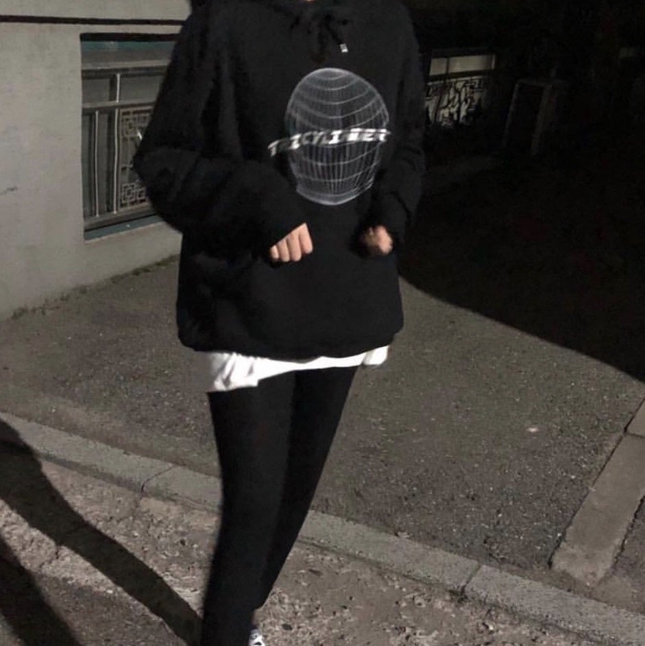 Black Rave Aesthetic Print Plus Velvet Loose Hoodie