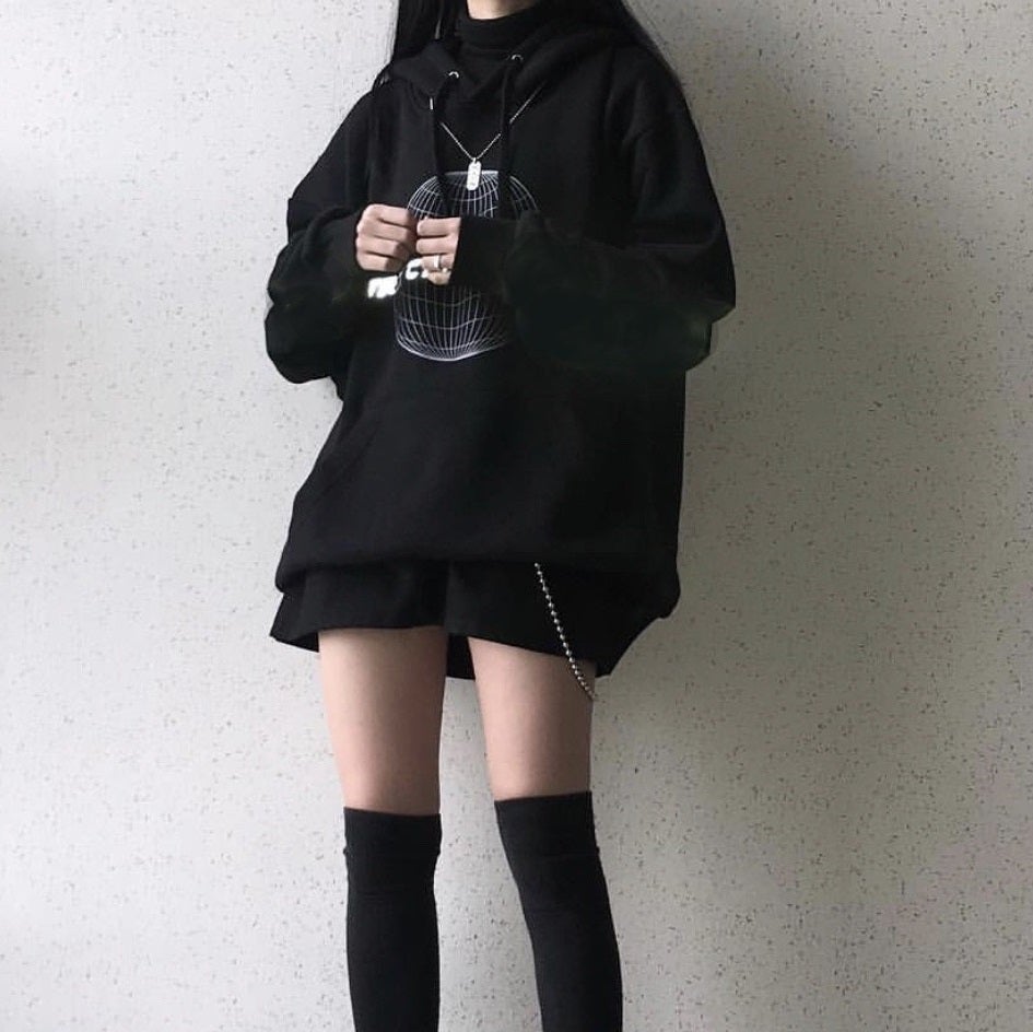 Black Rave Aesthetic Print Plus Velvet Loose Hoodie