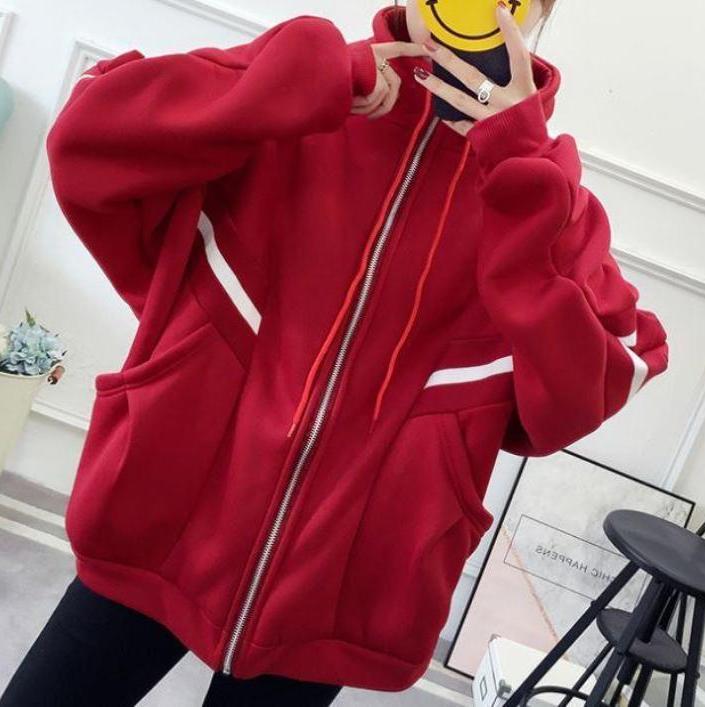 Black Red Contast Color Oversized Thick Zipper Sweatshirt