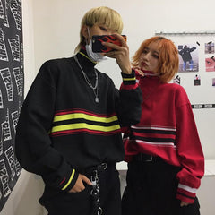 Black Red Contrast Lines High Collar Loose Sweatshirt