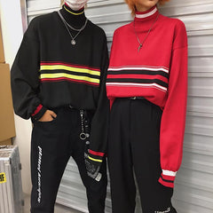 Black Red Contrast Lines High Collar Loose Sweatshirt