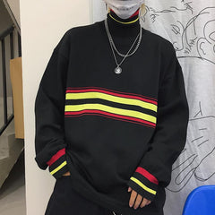 Black Red Contrast Lines High Collar Loose Sweatshirt