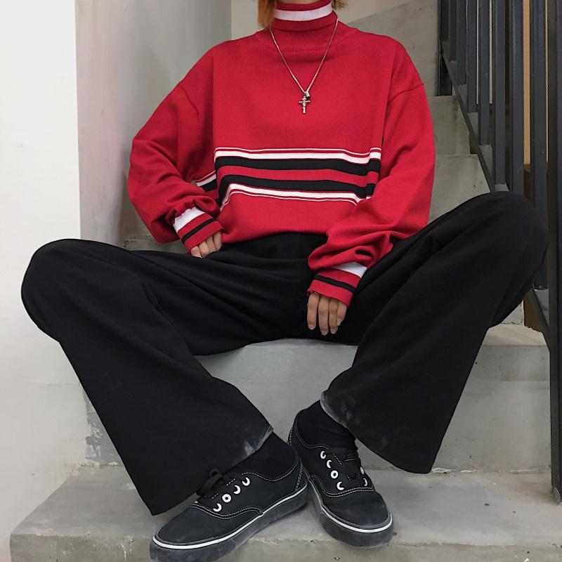 Black Red Contrast Lines High Collar Loose Sweatshirt