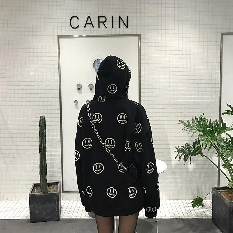 Black Red Emoji Pattern Warm Velvet Hoodie