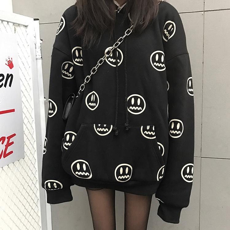 Black Red Emoji Pattern Warm Velvet Hoodie