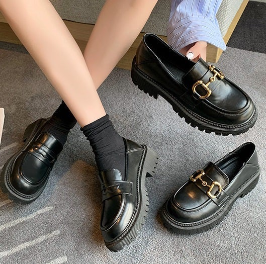 Black Retro Aesthetic Pu Leather Chunky Sole Shoes